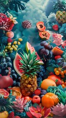 A vibrant still life of various fruits and vegetables, some cut open, arranged on a blue and green backdrop with clouds.