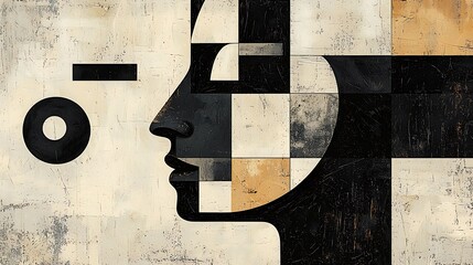 A portrait in abstract geometric shapes with black, white, and beige tones, blending modern art with human expression.