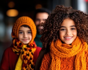 Two young girls wearing orange scarves and hats are smiling for the camera. Scene is cheerful and warm, as the girls are dressed for the cold weather and seem to be enjoying themselves