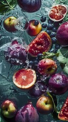 Wall Mural - A variety of fresh fruits, including figs, peaches, and grapefruits, are arranged in a pool of water, creating a visually appealing and refreshing scene.