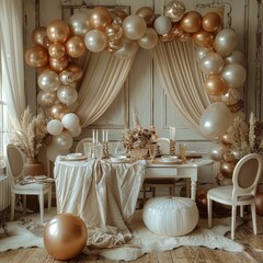 A room for neutral minimalist party with gold and white balloons, and glam 