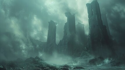 Canvas Print - Eerie Ruins in a Misty Landscape