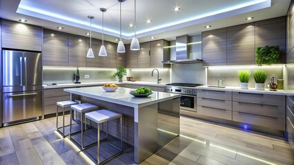 A sleek and modern kitchen with stainless steel appliances and countertops, illuminated by a series of bright white LED lights under the cabinets.