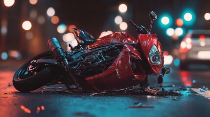 A red motorcycle is laying on the road with a car behind it