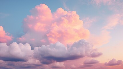 Blue sky with fluffy pink clouds at sunset, dawn of the day. Warm pastel colors, serene romantic background.