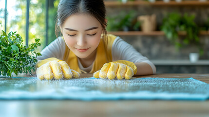 A young woman cleans a surface with focus and care.