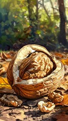 Canvas Print - Autumn Walnut: A Close-Up View of a Cracked Walnut Shell