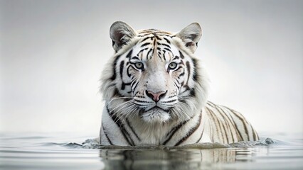 Wall Mural - Beautiful white tiger cooling off in water on neutral background from worm's eye view