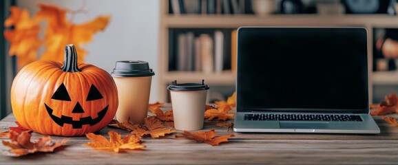 Wall Mural - Halloween cozy home interior with a laptop, coffee cup, and pumpkins on a wooden table.