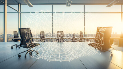 Wall Mural - 
Vacant office with spider webs symbolizes labor shortage and lack of skilled staff. Concept Labor shortage, Skilled staff, Office vacancy, Spider webs, Symbolism