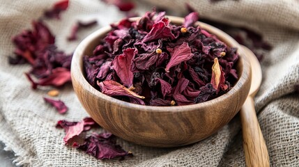 Close-up view of a wooden bowl and tea cup, along with a spoonful of dry hibiscus petals, set on a linen cloth background