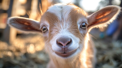 A baby goat looks directly at the camera, her wide eyes reflecting curiosity and innocence against a warm, sunlit backdrop