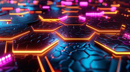 Wall Mural - Abstract Futuristic Hexagon Pattern with Neon Lights