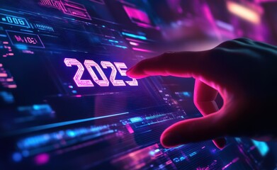 hand touching on digital screen with text 2025