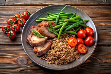 Bird eye view delicious meat and buckwheat dishes with green beans and tomato