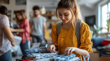 A young woman organizes clothes while others chat in a cozy space.