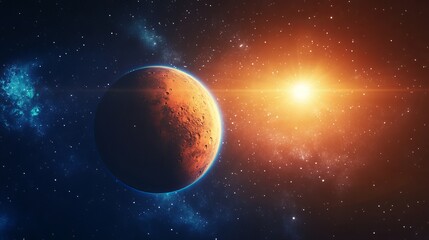 Wall Mural - New space mission featuring the stunning red planet Mars alongside the beautiful blue planet Earth, illuminated by sunlight. 