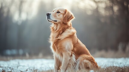 Wall Mural - Portrait of a beautiful dog sitting in a meadow, posing and looking aside. The background features trees and snow in soft focus