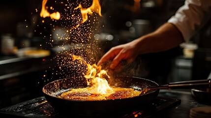 Wall Mural - A chef ignites flames while cooking in a skillet, showcasing culinary skills and excitement.