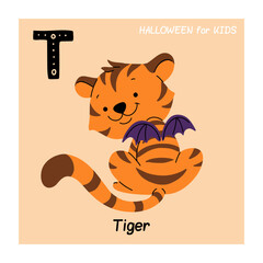 Wall Mural - Cute flat vector illustration. Cute tiger and letter T. Animals and letters of alphabet