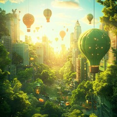 Wall Mural - A futuristic cityscape with hot air balloons floating between buildings, a vision of a green city of the future.