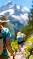 A group of hikers enjoys a beautiful summer day on a trail surrounded by vibrant greenery and majestic mountain peaks. The sun shines brightly overhead