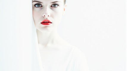 Wall Mural - a woman with red lips and a white shirt, on a pure white background