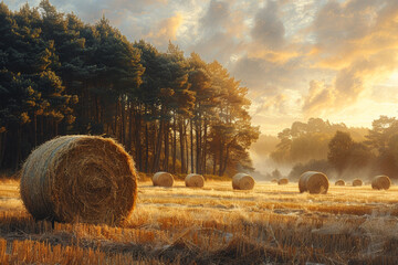 Golden sunrise over harvested fields with hay bales and trees. Morning light casts a warm glow on hay bales scattered in a tranquil field surrounded by trees