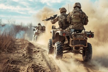 Poster - military men on buggies are rushing along a dirt road