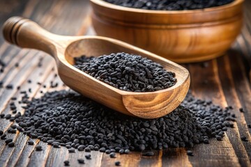 Wall Mural - Black cumin seeds pouring out from wooden scoop in bowl isolated on white, Worm's Eye View