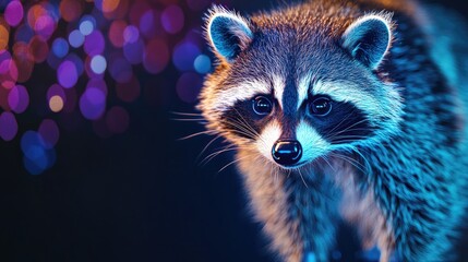 Sticker - A close-up of a raccoon with vibrant, colorful bokeh in the background.