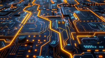 Wall Mural - Futuristic Circuit Board with Orange and Blue Glow