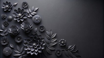 Wall Mural - Black paper flowers on black background cut from paper leading lines