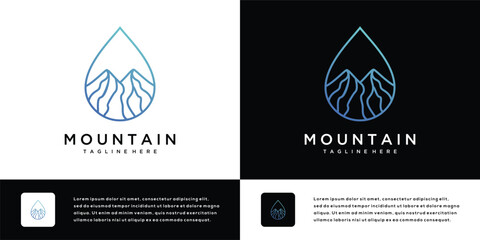 Wall Mural - Mountain peak logo design with water droplets. Mountain and water drop logo icon made with lines