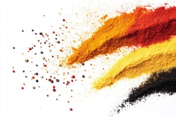 Wall Mural - Colorful Kitchen Spices in Motion: Turmeric, Paprika, and Black Pepper Flying in Air