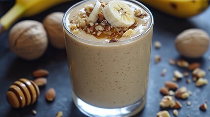 A creamy peanut butter and banana smoothie in a glass, topped with crushed nuts and a drizzle of honey. The ingredients are arranged around the glass, ready for a healthy breakfast.