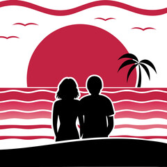 Man and Woman on Shore Viewing Sunset with Romantic Mood in Red and Black