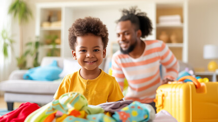 A cheerful child smiles while sorting vibrant clothing for a family trip, as a parent prepares luggage in a sunny, inviting living room