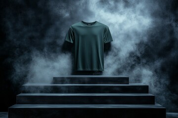 Wall Mural - Mens Green T-shirt Mockup on Abstract Smoke Background, Stylish Minimalist Apparel Display