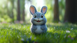 © thanarak - A cute cartoon rabbit sitting in a vibrant green grass field, surrounded by a serene forest backdrop, exuding joy and innocence.