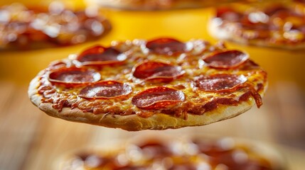 Vibrant pizza design mockup  promotional flyer featuring pepperoni on a summer orange background