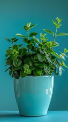 Wall Mural - A potted mint plant with lush green leaves against a vibrant blue background.