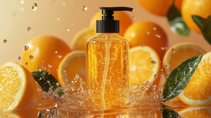 Wall Mural - Natural hand sanitizer products photo shoot with citrus slices, realistic hyper-detailed rendering, zesty orange tones, eye-catching tags, free-flowing lines, cute cartoonish design, water drops