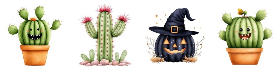 A whimsical collection of Halloween-themed cacti, featuring playful faces and spooky decorations for a festive touch.