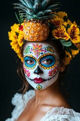 Woman in vibrant floral crown and colorful sugar skull makeup indoors