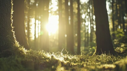 Sticker - Sunlight through the trees in a mossy forest