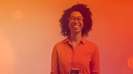 Woman with short hair smiles against an orange background during a warm, soft lighting session