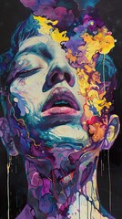 Wall Mural - Abstract portrait of a person with colorful paint splatters on their face.