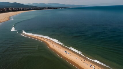 Wall Mural - Aerial flight above sea water near resort with sandy beach coastline and mountains on Black Sea, beautiful nature and place for travel and vacation. Generative AI