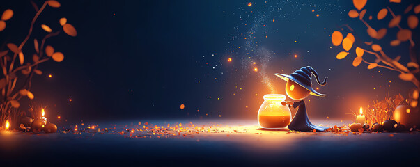 A whimsical scene featuring a little wizard beside a glowing pot, surrounded by enchanting nature and soft light effects.